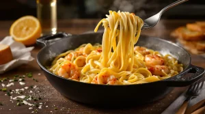 Linguine aux poireaux, crème onctueuse et crevettes vraiment gourmandes